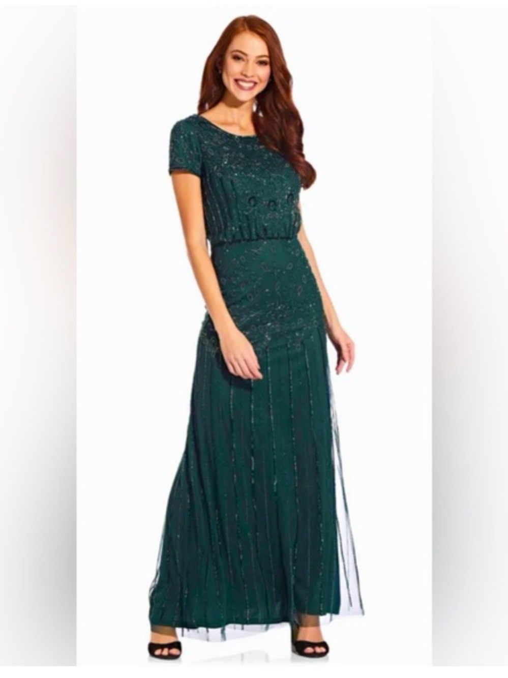 Adrianna Papell Emerald Green Beaded Short-Sleeve Maxi Dress 8